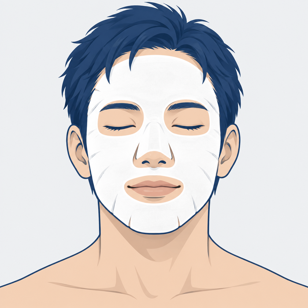 シート状のフェイスパックで顔をケアする男性のイラスト