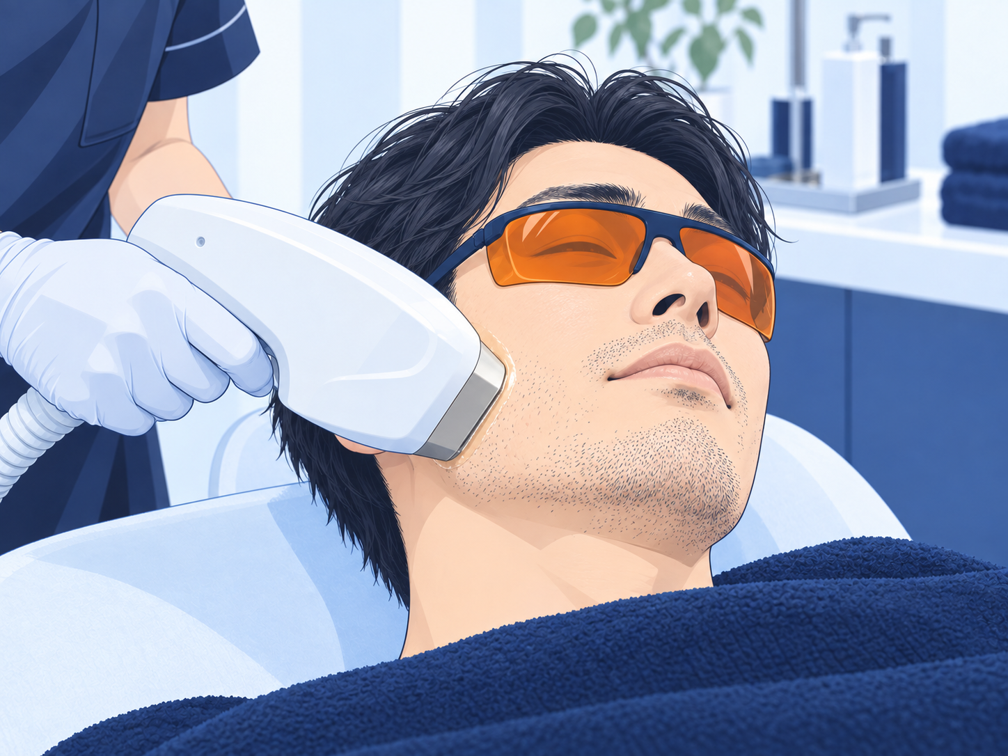 保護眼鏡を着けた男性がヒゲ脱毛を受けるイラスト